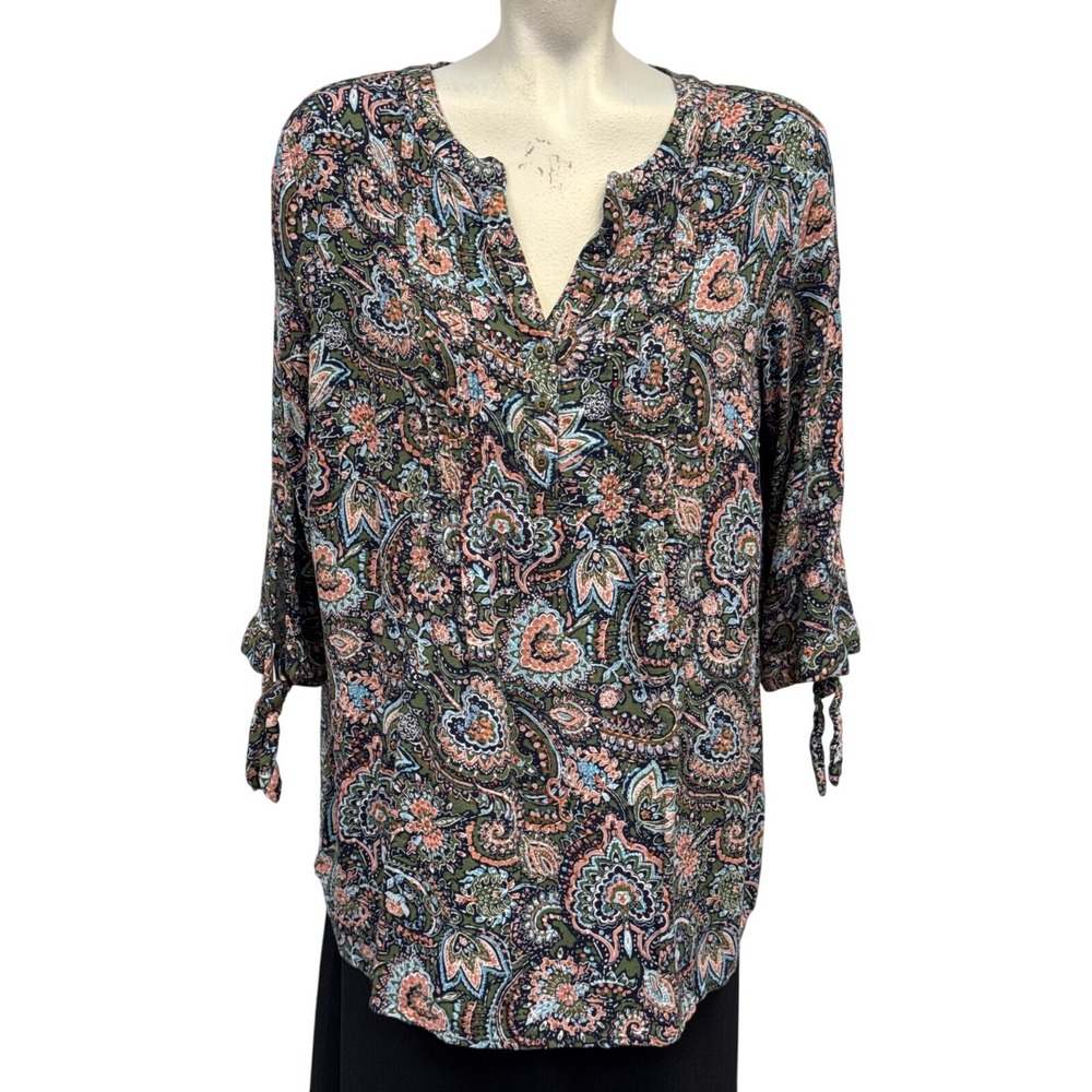 Westport Womens Multicolor Paisley Print Rayon‎ V-Neck Blouse Size 1X Tie Sleeve